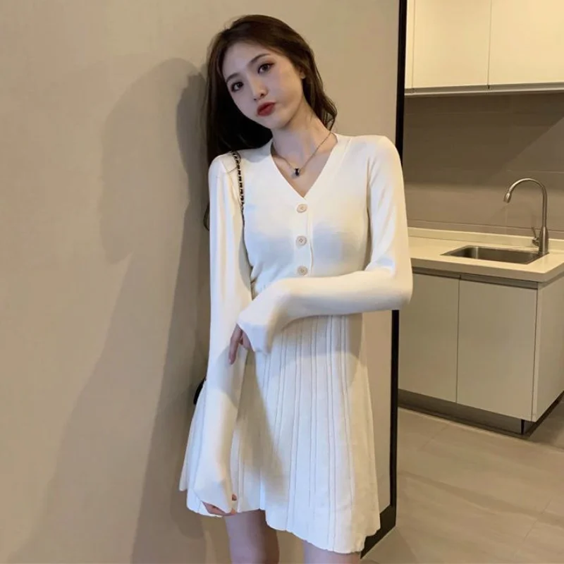 Knitted Woman Dress 2024 Crochet Dresses for Women Beig Bodycon Clothes V Neck Cotton Luxury Autumn and Winter Knit One-piece