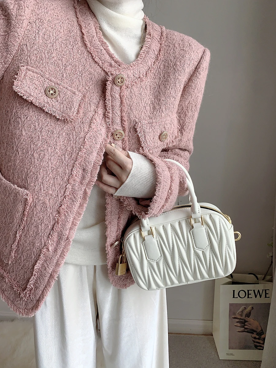 New High End Pink Tweed Jacket Women Small Fragrance Autumn Winter Long Sleeve Tassel Korean Fashion Coat Elegant Outwear Tops