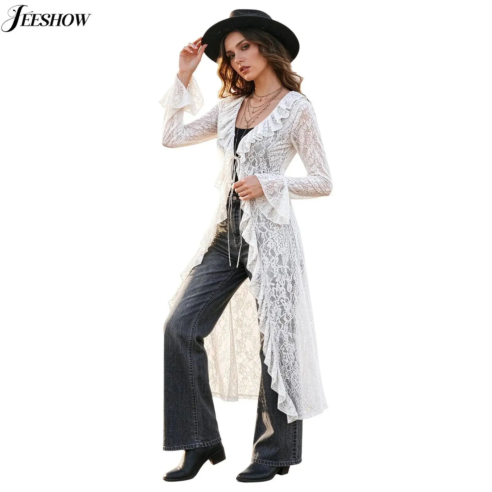 Womens Floral Lace Ruffled Long Cardigan See Through Sheer Mesh Flared Sleeve Tie-Front Smock Outerwear Solid Color Cover Ups