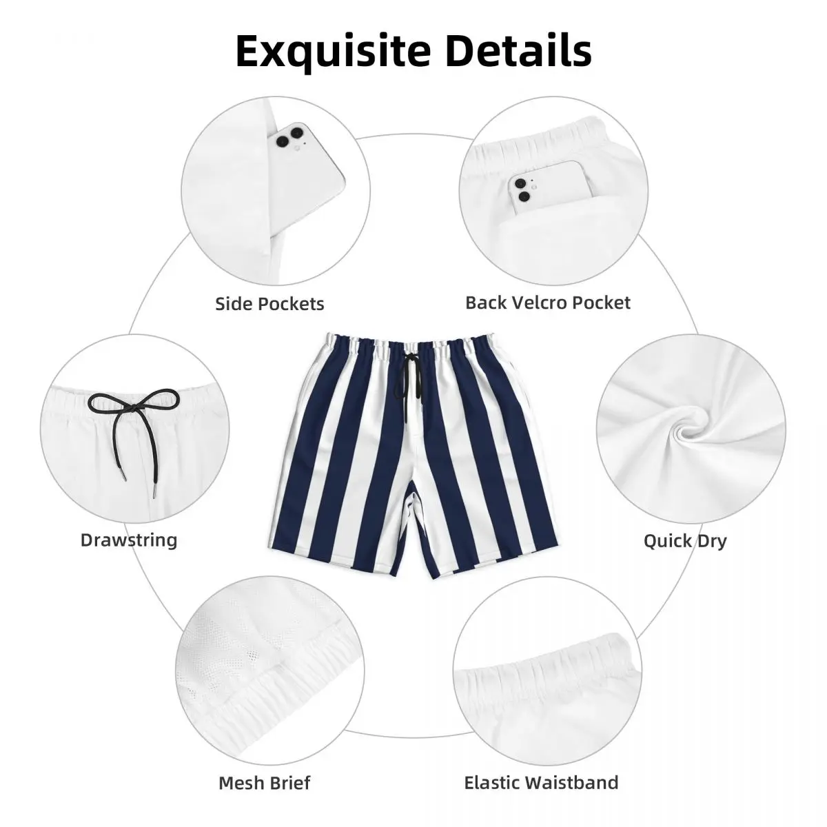 Summer Board Shorts Men Navy Blue Stripe Sports Fitness Fashion Beach Short Pants Classic Breathable Swimming Trunks Plus Size