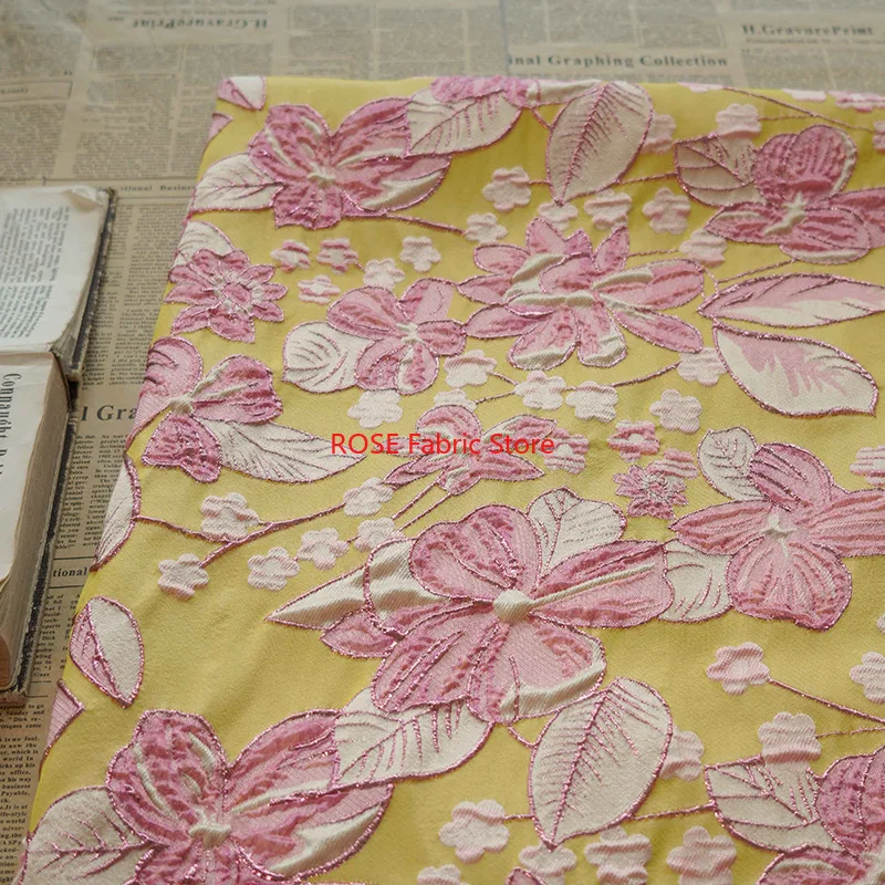 1 Meter Bright Yellow Pink Flower Jacquard Brocade Fabric Autumn Winter Fashion Dress Bag Diy Sewing Fabric