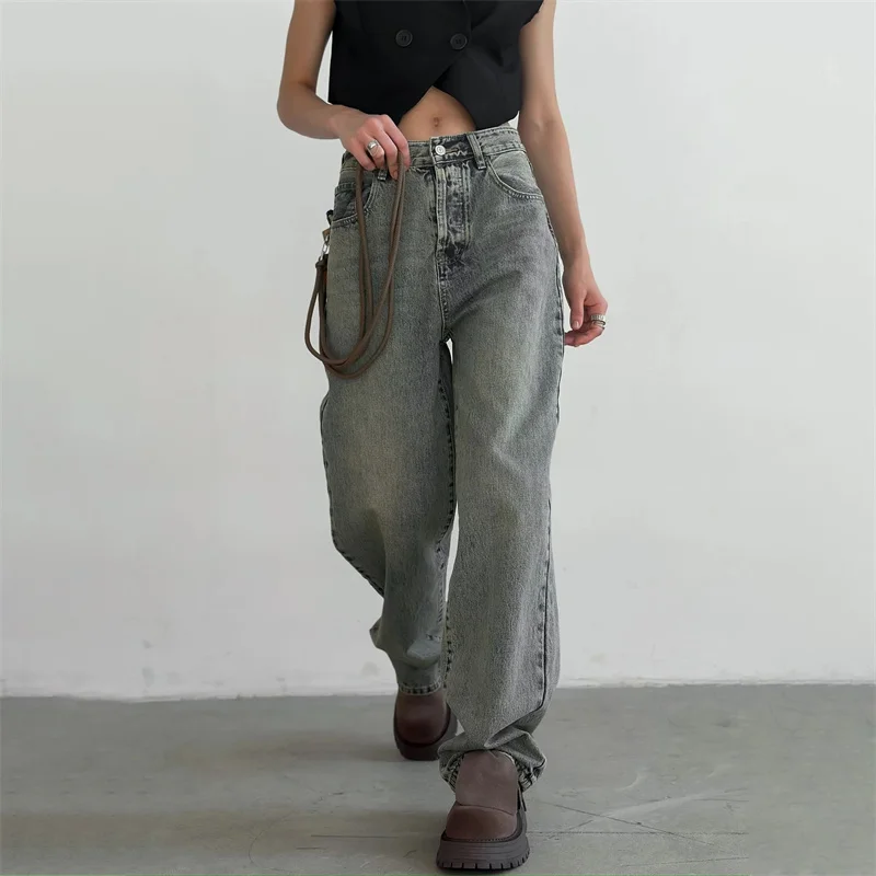 

Vintage Personality Women's Pants Detachable Pocket Jeans Drawstring Embellished High-Waisted Straight Pants