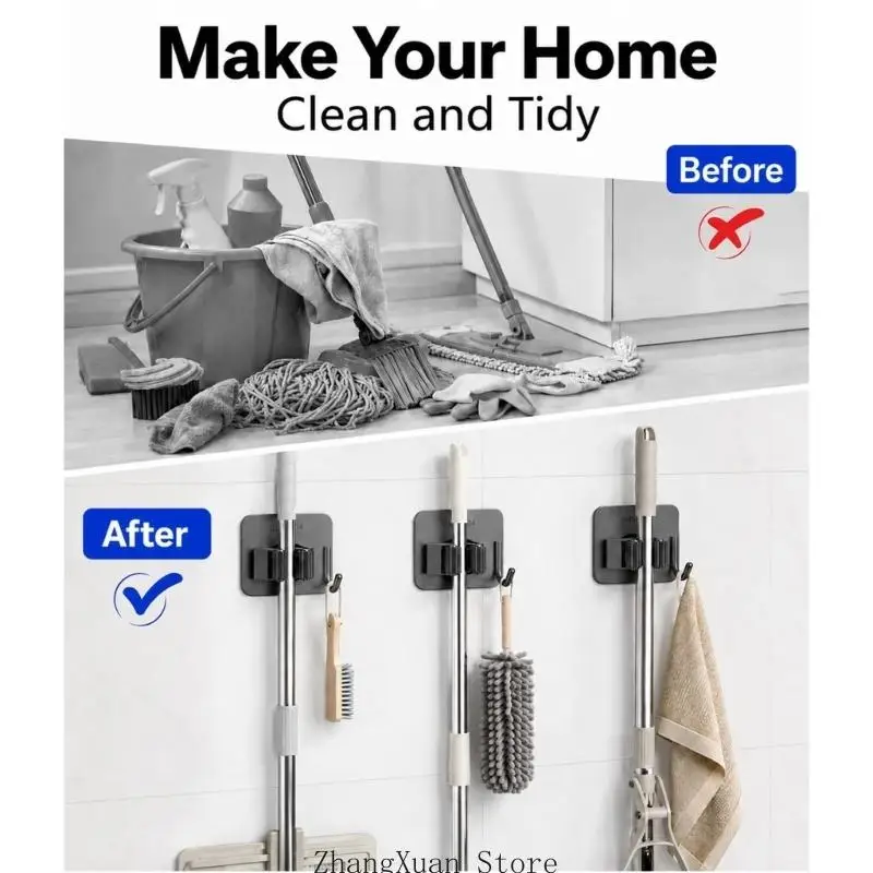 Adhesive Mop Holder 6 Pack with Hook, Wall Mount Grip Clamp Rack for Bathroom Kitchen Garage Utility Room Tool Storage for Wall