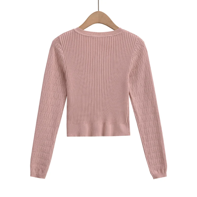 Korean fashion crop cardigan woman sexy cropped sweaters for women 2024 Fall fashion pink cardigans long sleeve top green