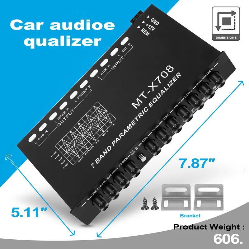 Ecualizador de audio para automóvil, ecualizador gráfico de amplificador de automóvil EQ ajustable con interruptor de selección de entrada CD/AUX, negro