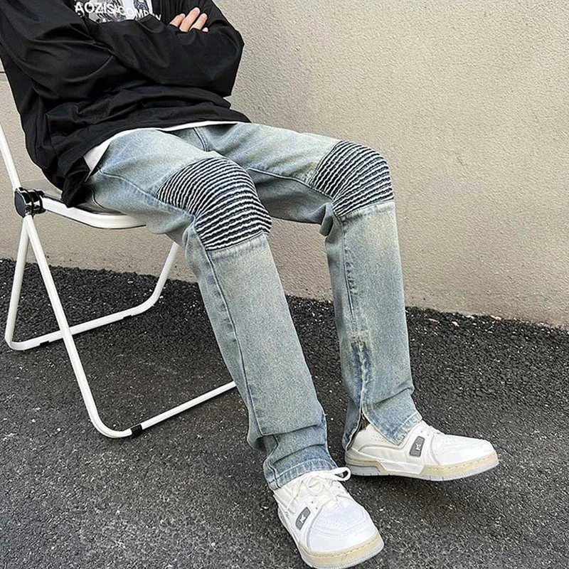 Idopy Fashion Brand Designer Biker Pants Men Moto Denim Joggers Washed Pleated Jean Trousers Bottom Zippers Black Blue