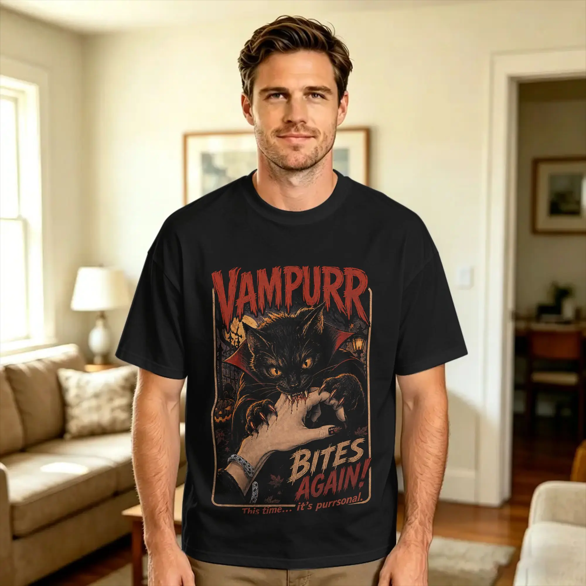 Vampurr Bites Again! Funny Cat Halloween Vintage Graphic T Shirt Beach  Streetwear T Shirts 100% Cotton Hip Hop Tshirt For Mens