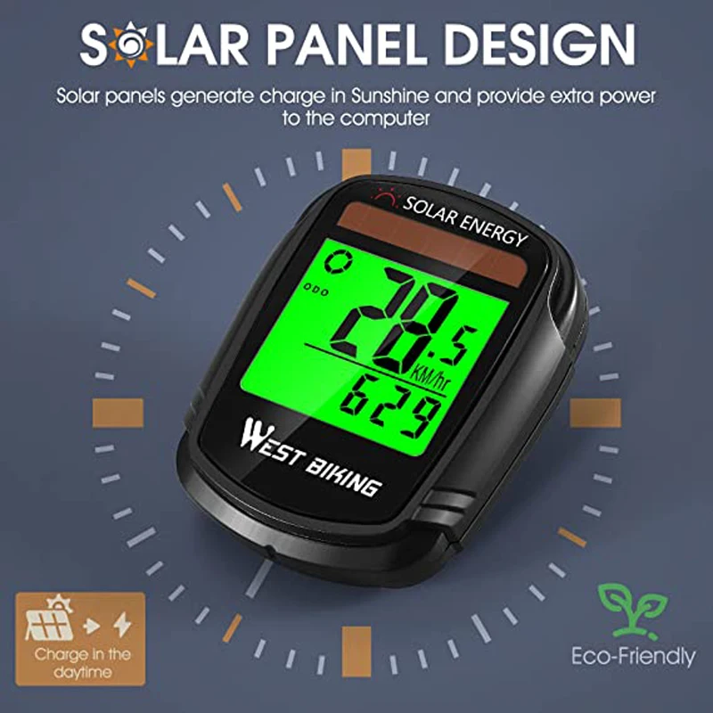 WEST BIKING Solar Powered Bike Computer Wireless Waterproof Bicycle Speedometer Odometer Automatic Wake-up Bicycle Computer