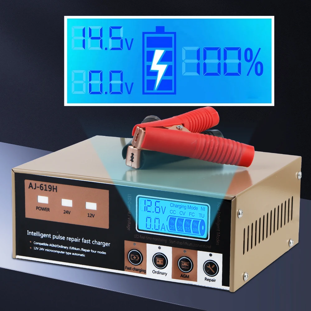 Smart Car Battery Charger High Power LED Display Intelligent Pulse Repair Battery Charging 12V 24V 260W For Motorcycle SUV Truck