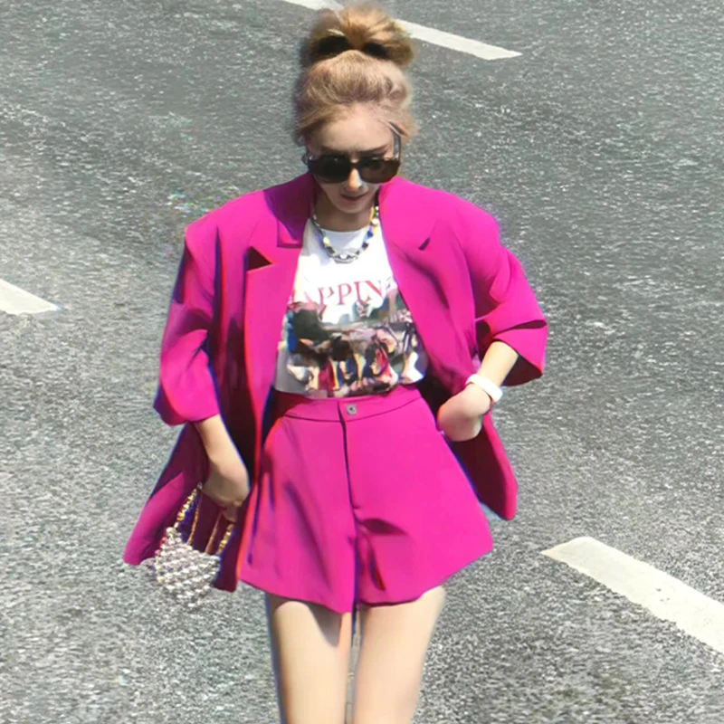 Korean Fashion Summer Spring Purple Short Sleeve Jacket Suit for Women Blazer and Shorts Set Y2k Clothes Vacation Clothing