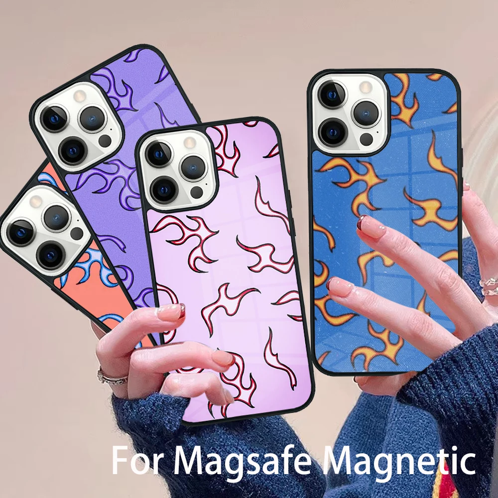 

Fashion Flame Pattern Phone Case Magesafe Magnetic Wireless Charge Cover For IPhone 16 11 12 13 14 15 Pro Max Plus Mini