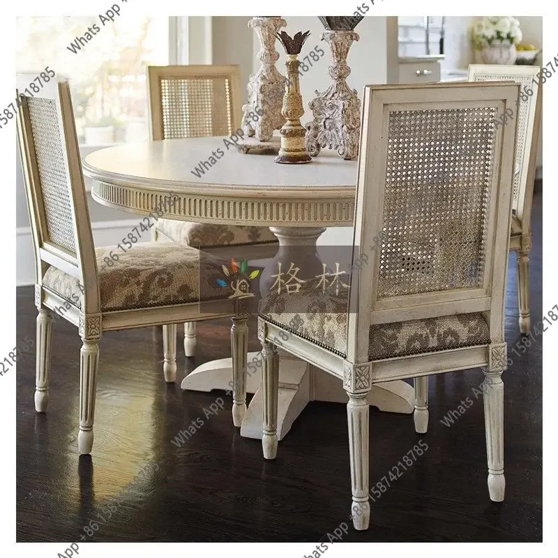

French American Solid Wood Round Dining Table And Chairs European White Old Dining Table Retro Villa Round Dining Table X