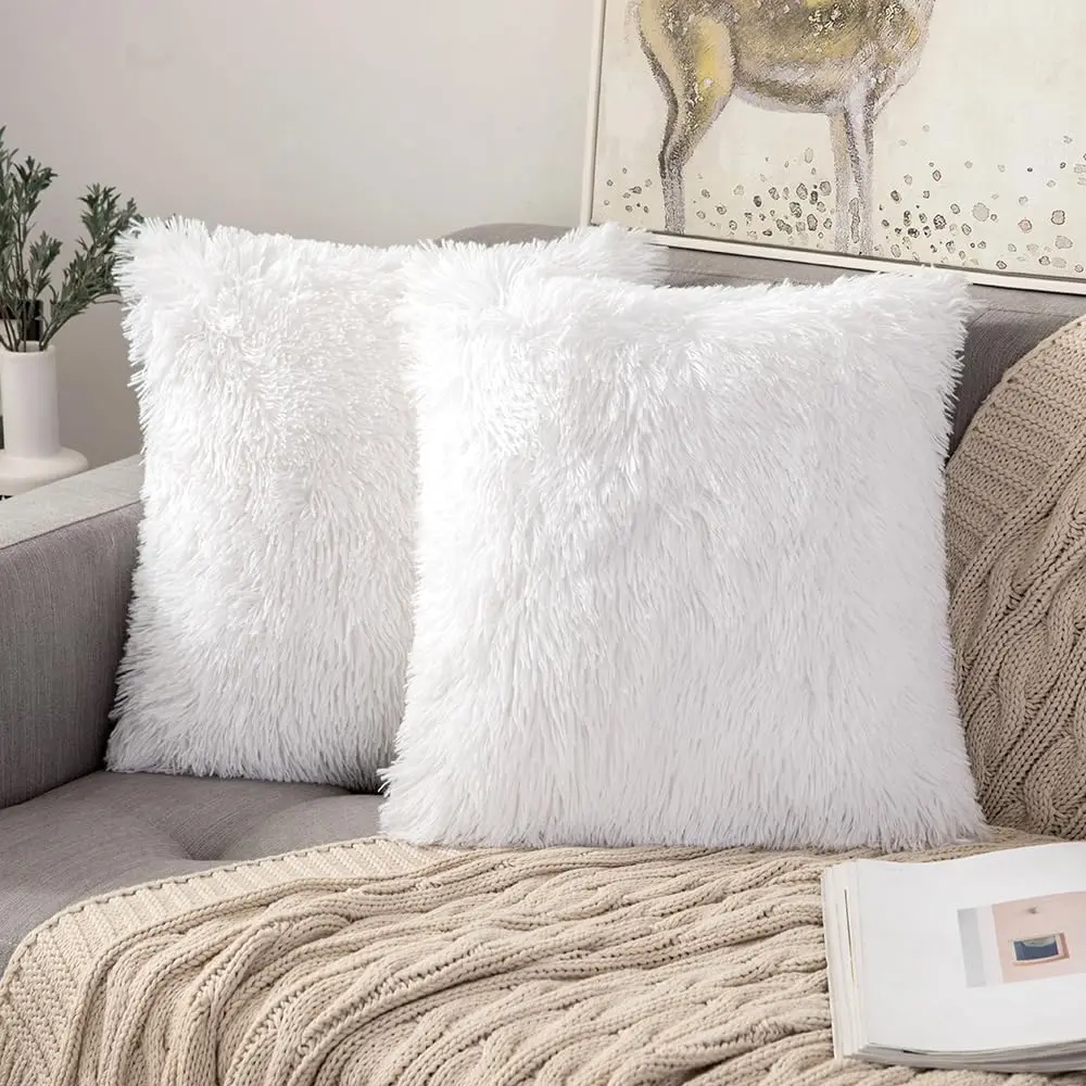 

Pack of 2 White Throw Pillow Covers Luxury Fluffy Pillows Faux Fur Decorative Pillows Plush Cushion Case Fuzzy Mongolian Merin S