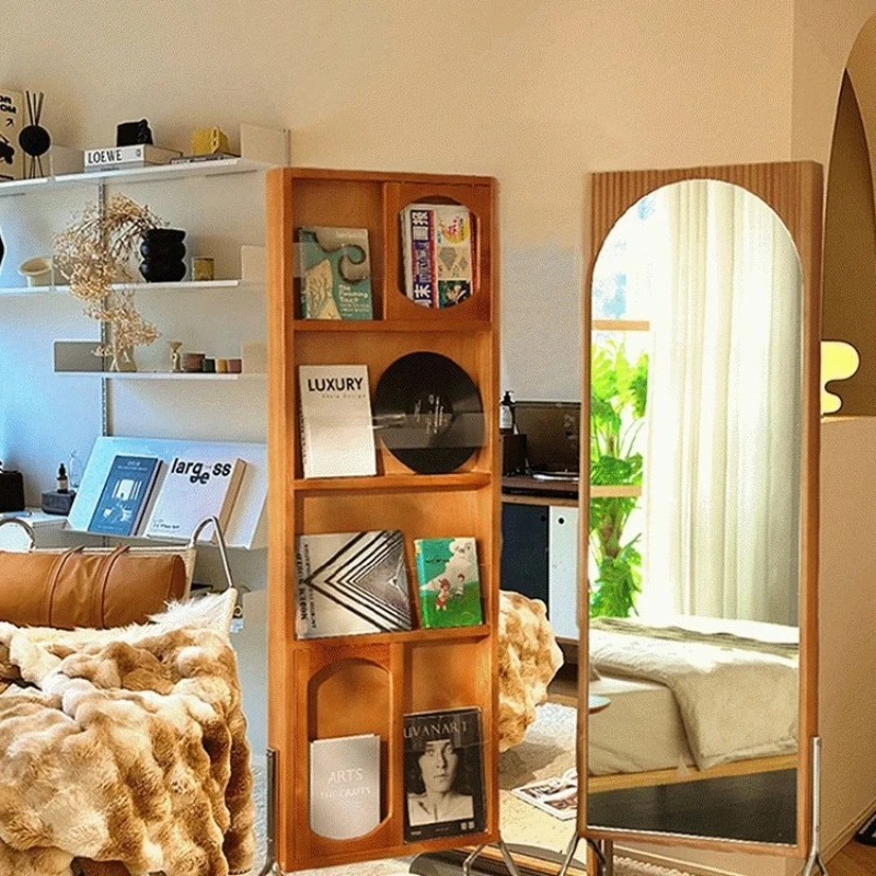 

Solid wood partition full mirror magazine rack movable rotating integrated floor bedroom sofa side bookshelf