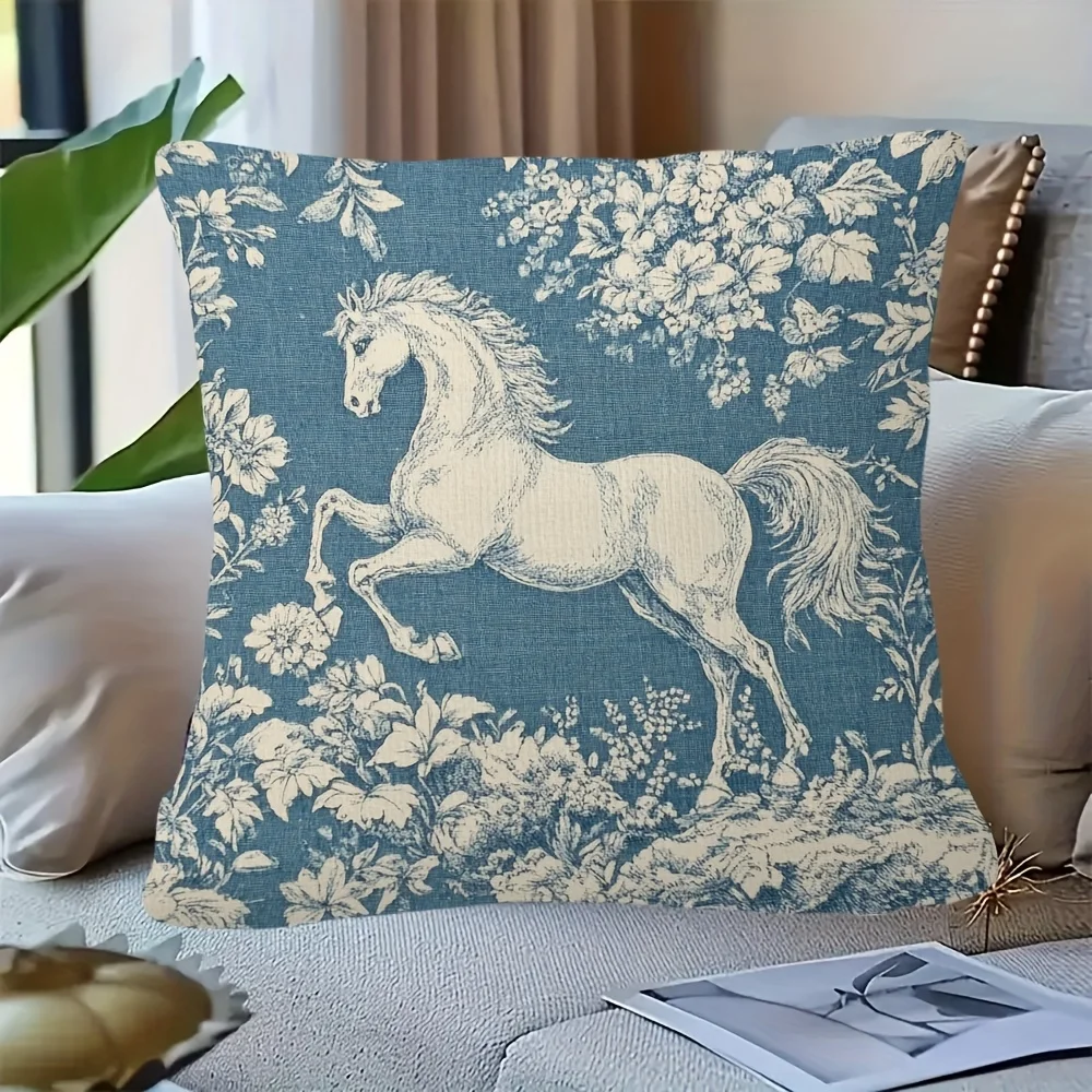 1pc French Toile Horse Pillow Cover, Polyester 2D Double-Sided Print, Blue Equestrian Floral Pattern Design, Farmhouse Accent