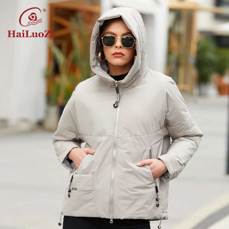 HaiLuoZi 2022 New Women\'s Jacket Spring Women Casual Short Coat Fashion Splicing Warm Brand Female Hooded Bio Cotton Parkas 7871