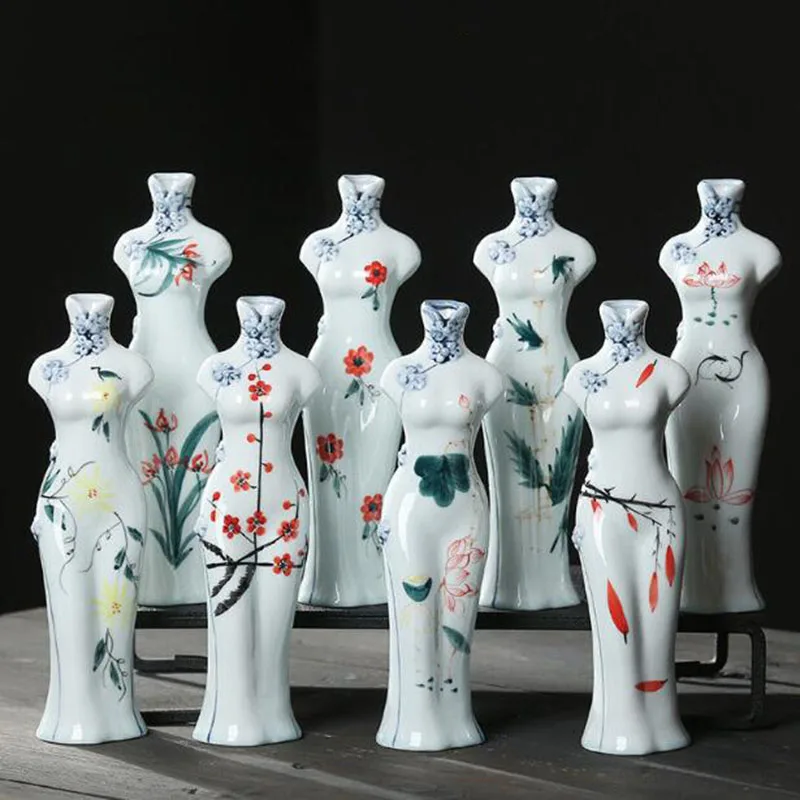 Estilo chinês celadon cheongsam pintado à mão vaso de flores de porcelana recipiente hidropônico arranjo de flores secas ornamentos de mesa