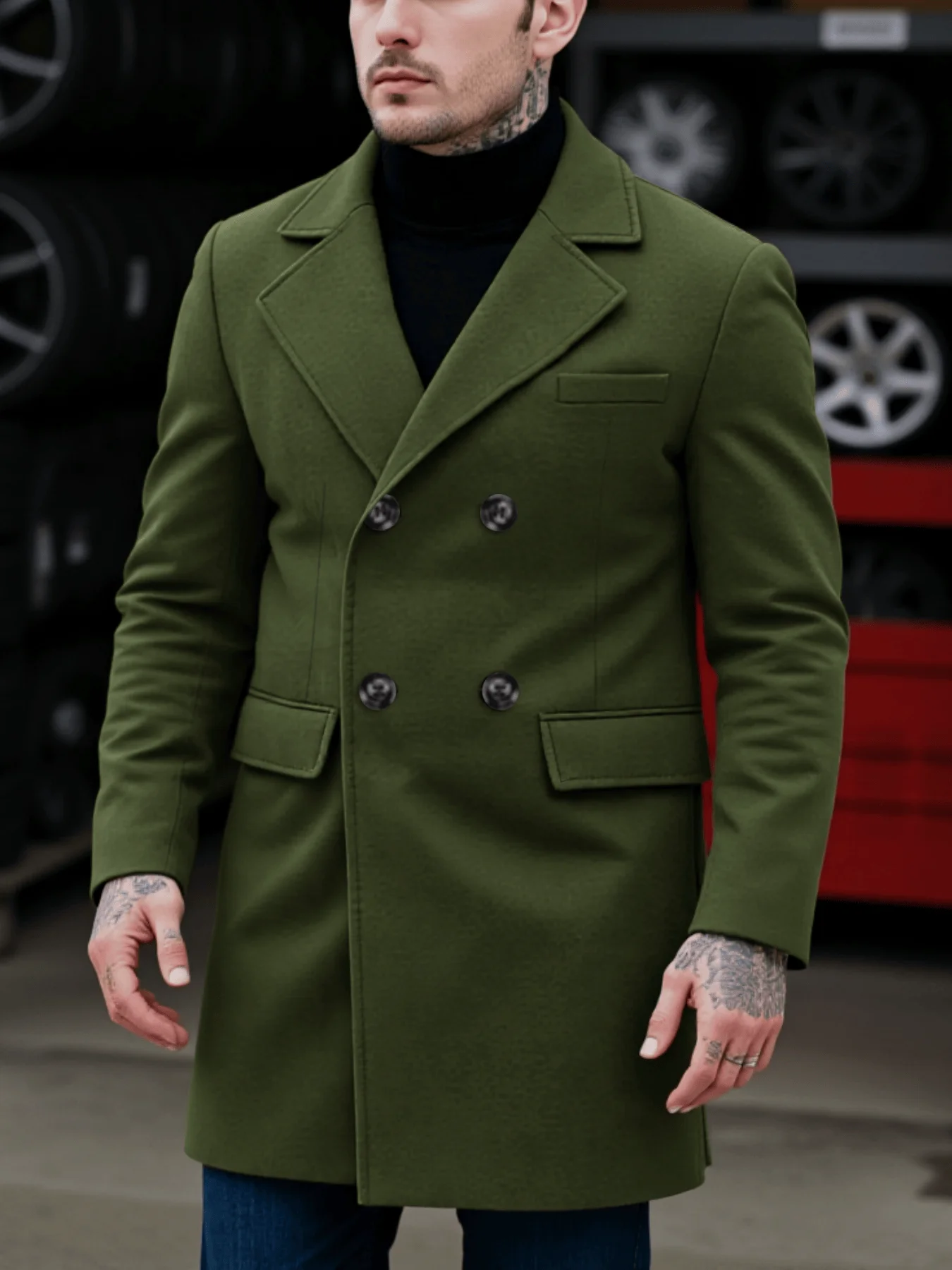 Men's Double-Breasted Tweed Woolen Coat Windproof Warm Jacket Cardigan New Fashion Men's Outerwear Streetwear