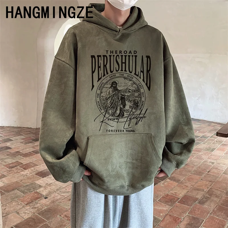 

Korean Retro Men Fashion Personalized Print Hooded Sweater Couple Winter Autumn High Street Loose Casual Oversized Top Clothing