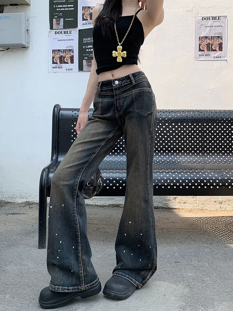 American style design splashed ink slim fit jeans women's summer 2025 new style vintage high waist slimming bell bottom pants