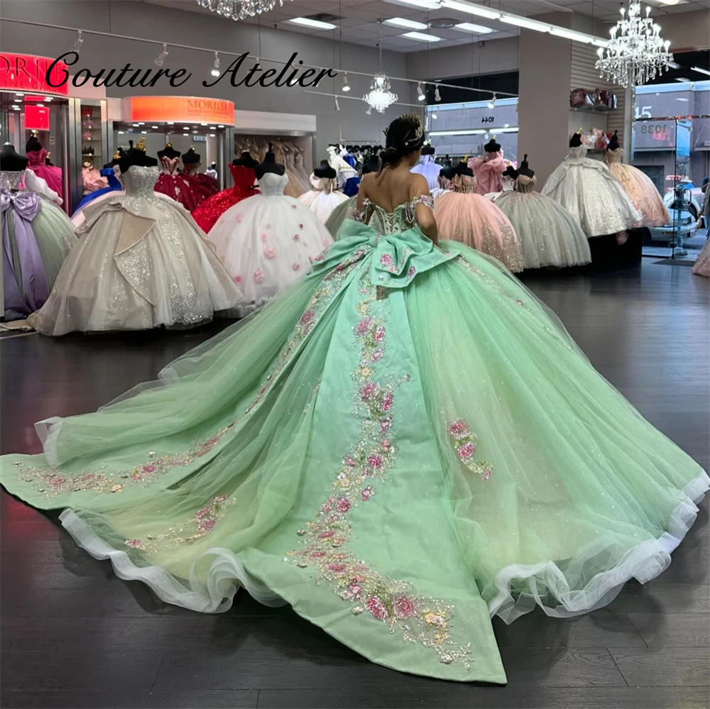 

Свежие зеленые платья принцессы Quinceanera, розовое бальное платье с аппликацией из бисера и кисточками с бантом, 2021, роскошное платье на день рождения по индивидуальному заказу