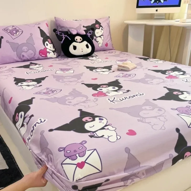 Sanrio Pure Cotton Fitted Sheet Three-piece Set Hellokitty My Melody Cotton Bedspread Cute Kuromi Full Surround Protective Cover