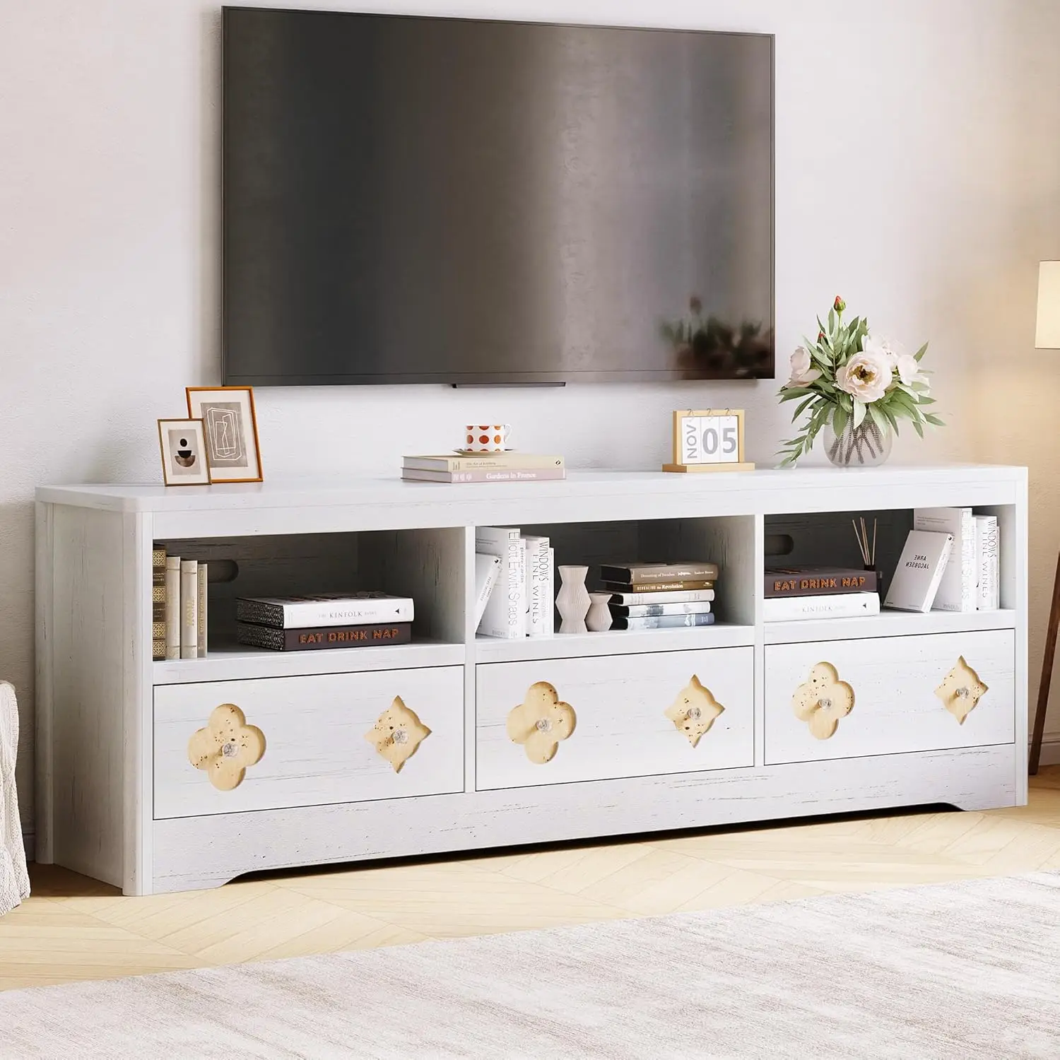 

Тумба под телевизор для телевизоров 70-85 дюймов, развлекательный центр в стиле середины века с резным ящиком и открытой полкой для хранения, ТВ-консоль