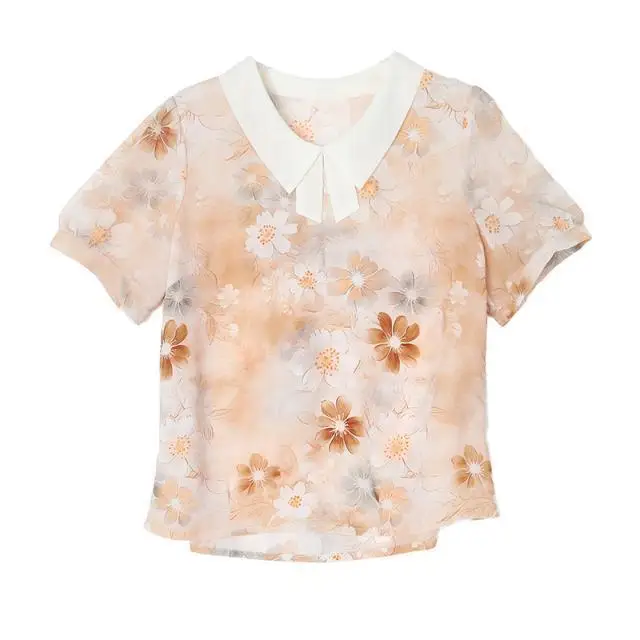 Chiffon blouse voor dames met korte mouwen, zomer, nieuwe stijl, elegante bloemenprint, onderscheidende top van middelbare leeftijd