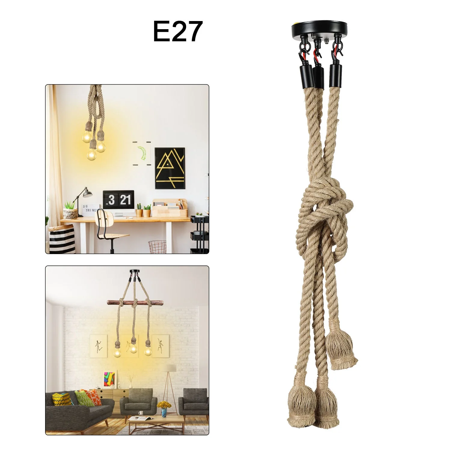 1m 3 Head LED Industrial Chandelier Retro Hemp Rope Ceiling Lamp Home Decor Pendant Lights Without Light