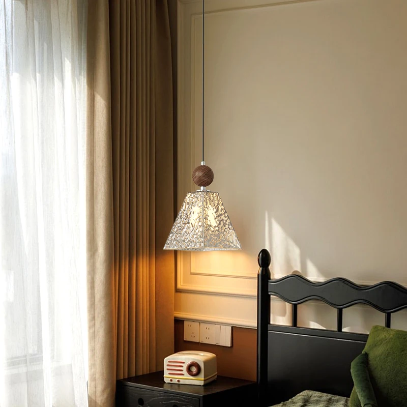 Conical Glass Pendant Light Wooden Sphere Hanging Light For Bedroom Dining Room Daily Home Interior Illumination Lamp