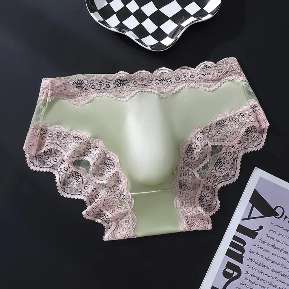 Men Triangle Panties Lace Trim Butterfly Knot Flower Pattern Thin Super Comfortable U Bulge Pouch Breathable Transparent Underwe
