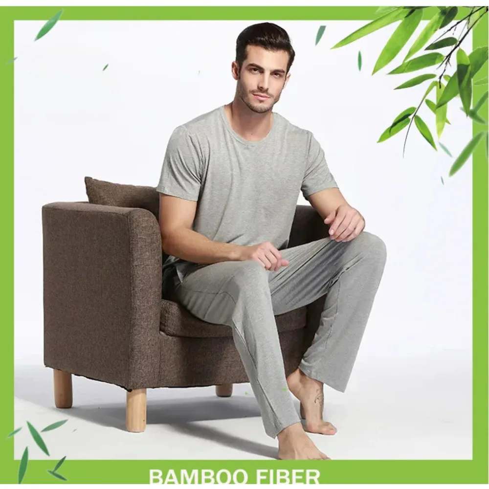 95% Bamboo Fiber Mens Lounge Wear Comfortable Viscose Pajamas Set Short Sleeve Shirt and Pants with Pocket for Sleep Solid Color