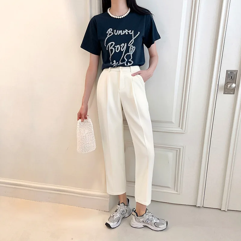 

Женские укороченные брюки-костюм 2026: Новинка Весна/Лето, прямые брюки с высокой талией в корейском стиле для невысоких, повседневные, стройнящие