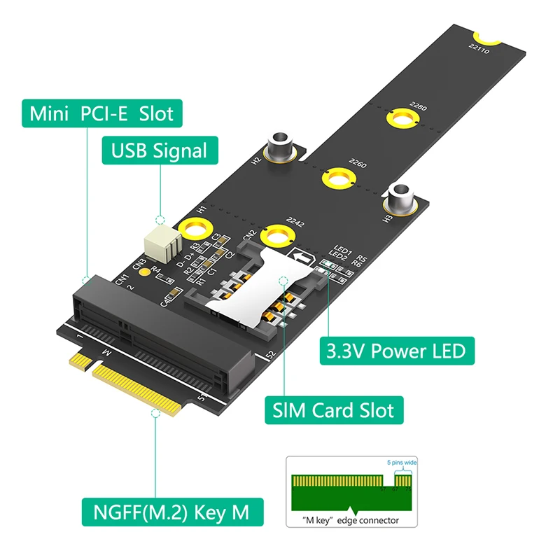 Переходник M.2 Key M — Mini PCIE со слотом для SIM-карты + одинарный USB-порт, поддержка сетевого модуля Wi-Fi WWAN LTE 3G/4G Mini PCI-E