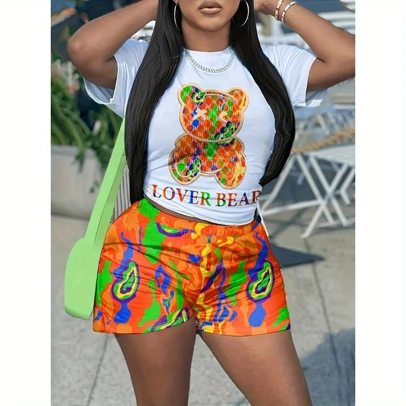 

Orange Casual Print Basic Style O-neck Short Sleeved Two Pieces