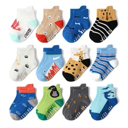 6 pares de calcetines para niños con estampado de animales de dibujos animados, calcetines de algodón antideslizantes para niños pequeños durante todas las estaciones