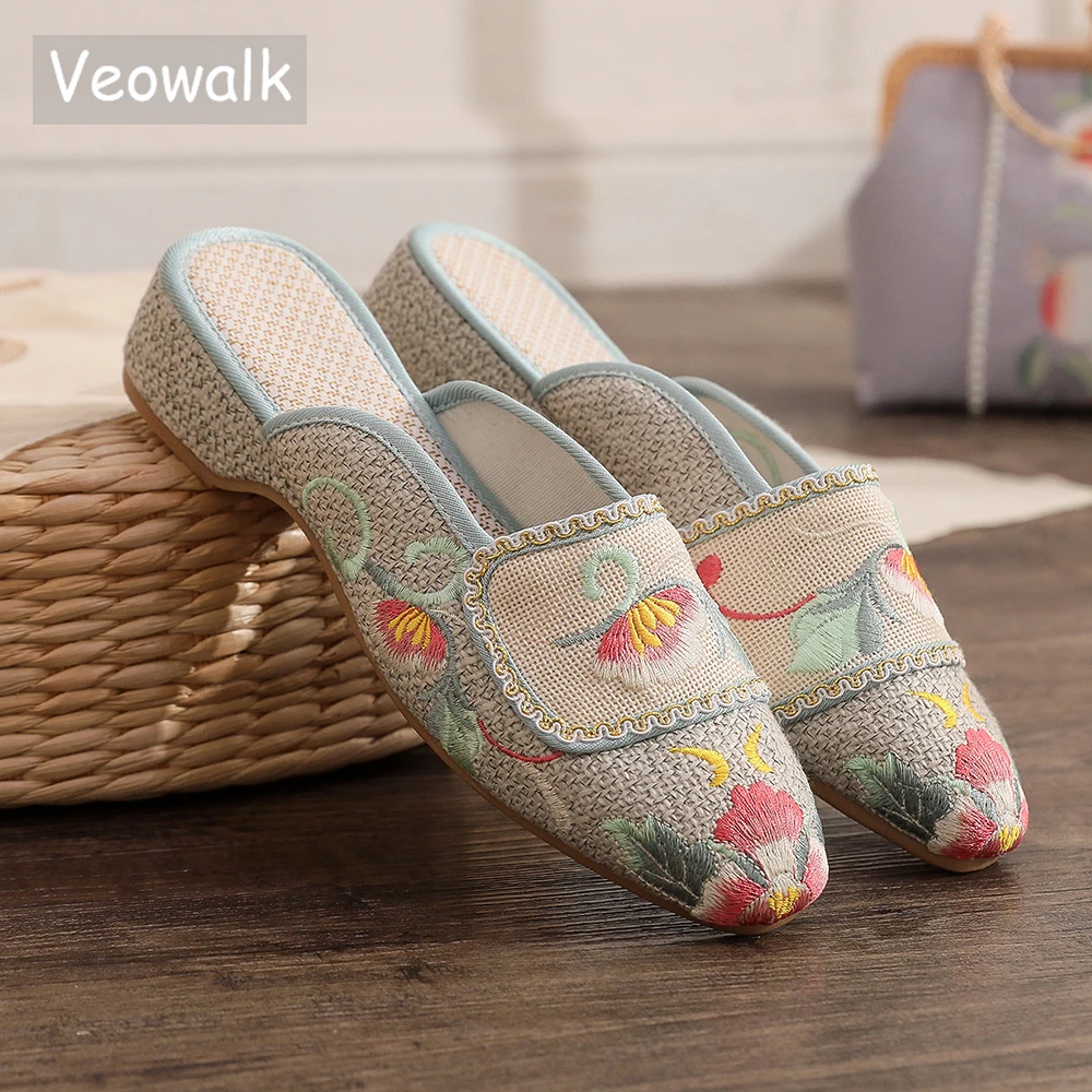 Veowalk Weave Fabric Women Cotton Embroidered Pointy Toe Flat Mules Slipper Retro Chinese Style Summer Shoes Beige Green