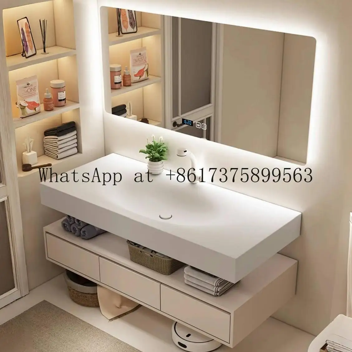 Modern Minimalism Floating Bathroom Vanity Cabinet With Intelligent Led Mirror Smooth Rock Slab Washbasin