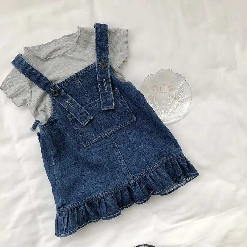 Girls 2025 Summer Korean Style Denim Strapless Dress Grey Wood Ear Edge Base Layer Top 2-Piece Set Wholesale Children's Clothing