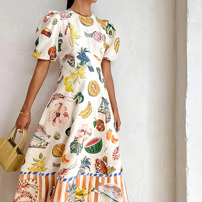 

2024 Summer Women's New Elegant Printed Waist-Controlled Round Neck Puff Sleeve Dress Vintage Dress Dresses