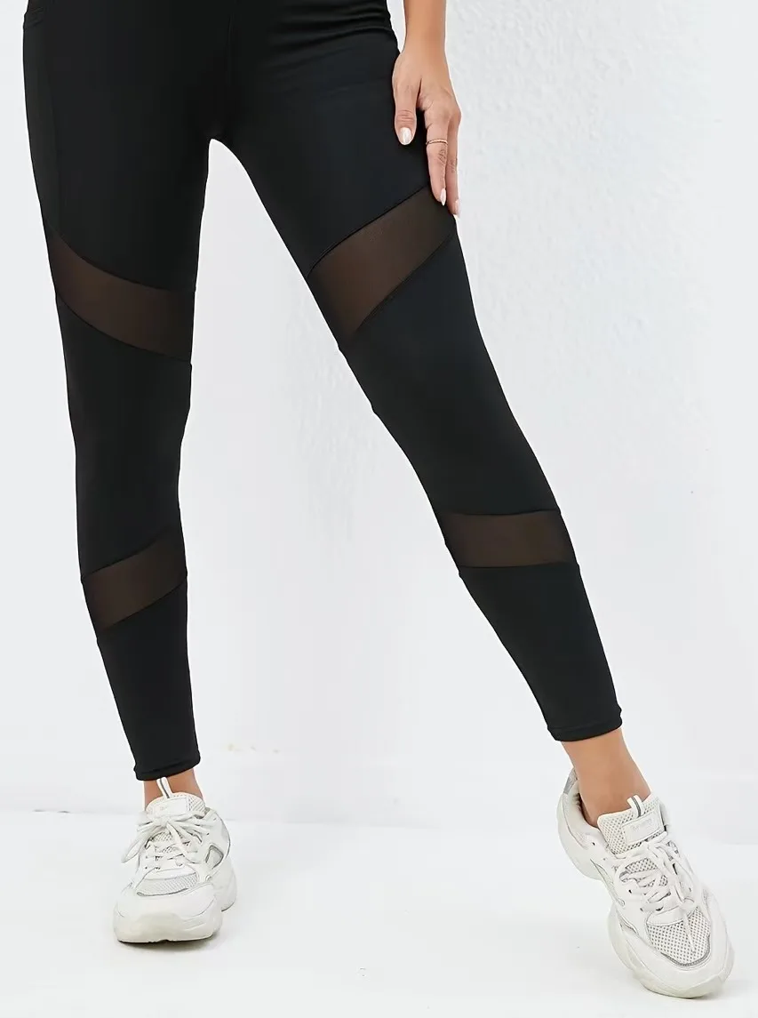 Women's high-waisted leggings with pockets, hip-lifting and slimming, with mesh stitching for a hazy effect, suitable for outdoo