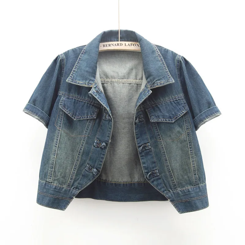 

2024 summer new Vintage Denim Coat Women Chinese Style Disc Buckle Thin Short-Sleeve Jeans Jacket Female Short Shawl Tops W296