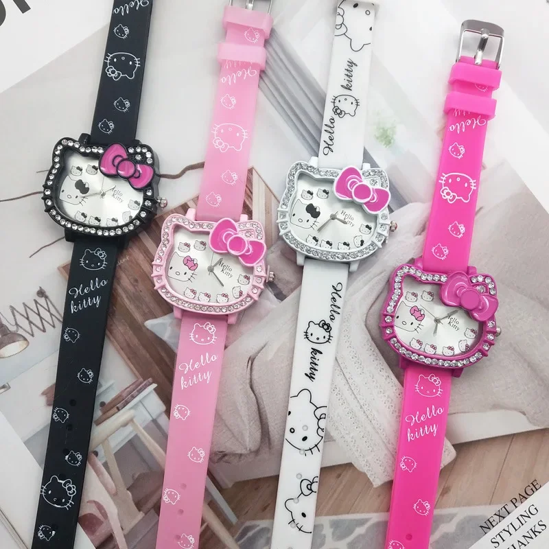 MINISO Hello Kitty Children\'s Cartoon Cat Head Student Electronic Silicone Diamond Bow Quartz Watch Party Kids Girls Gifts