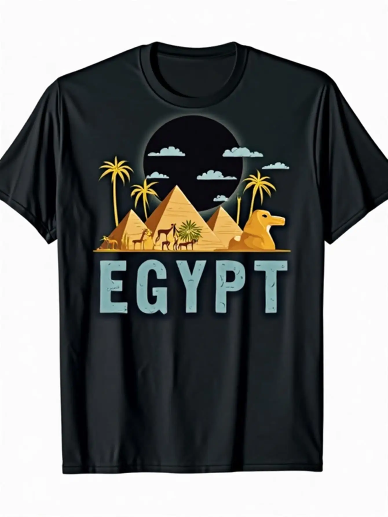 

Мужская черная футболка со стильным египетским тематическим дизайном с пирамидками, верблюдами, пальмами и храмами, идеально подходит для повседневной носки, подарками на Хэллоуин, мужскими подарками, круглым вырезом, короткими рукавами, обычной посадкой,