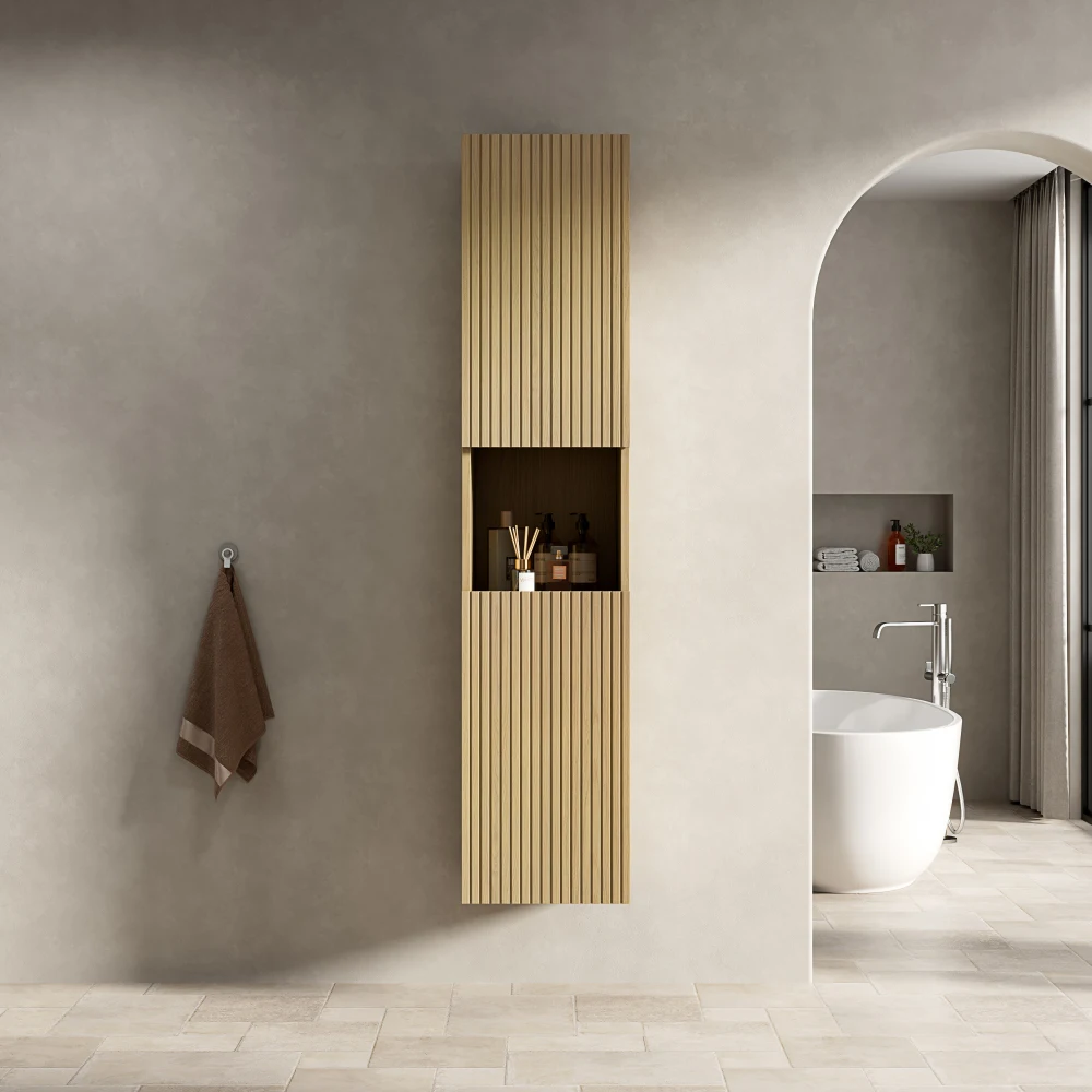 160 cm hoher Badezimmer-Wandschrank, geeignet für kleine Räume, anwendbar auf Badezimmer, Wohnzimmer und Wäsche, Sägen aus weißem Eichenholz – Detail 7