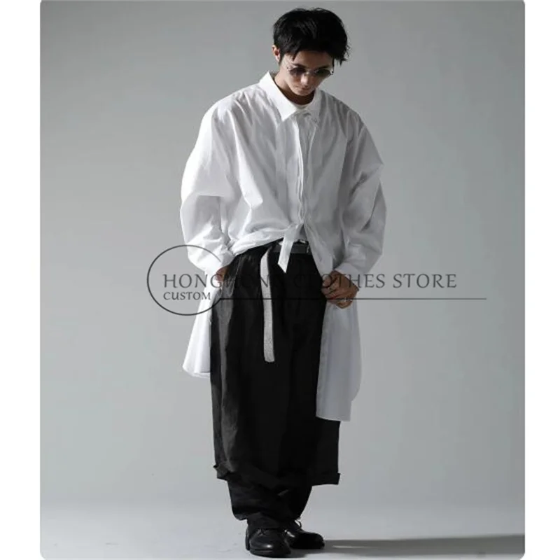 【Customized】White deconstructed loose long shirt for men - Simple three-layer collar cotton large-sized shirt
