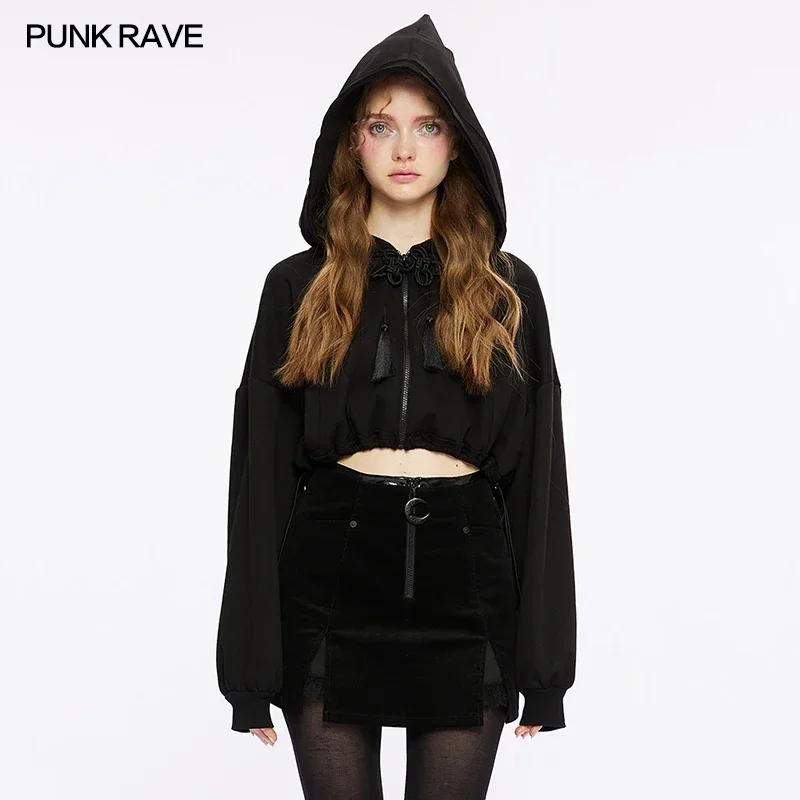 PUNK RAVE Women's Chinese Style Short Sweater Cardigan Gothic Daily Wizard Peaked Hat Casual Coat  Hoodie Women Clothes