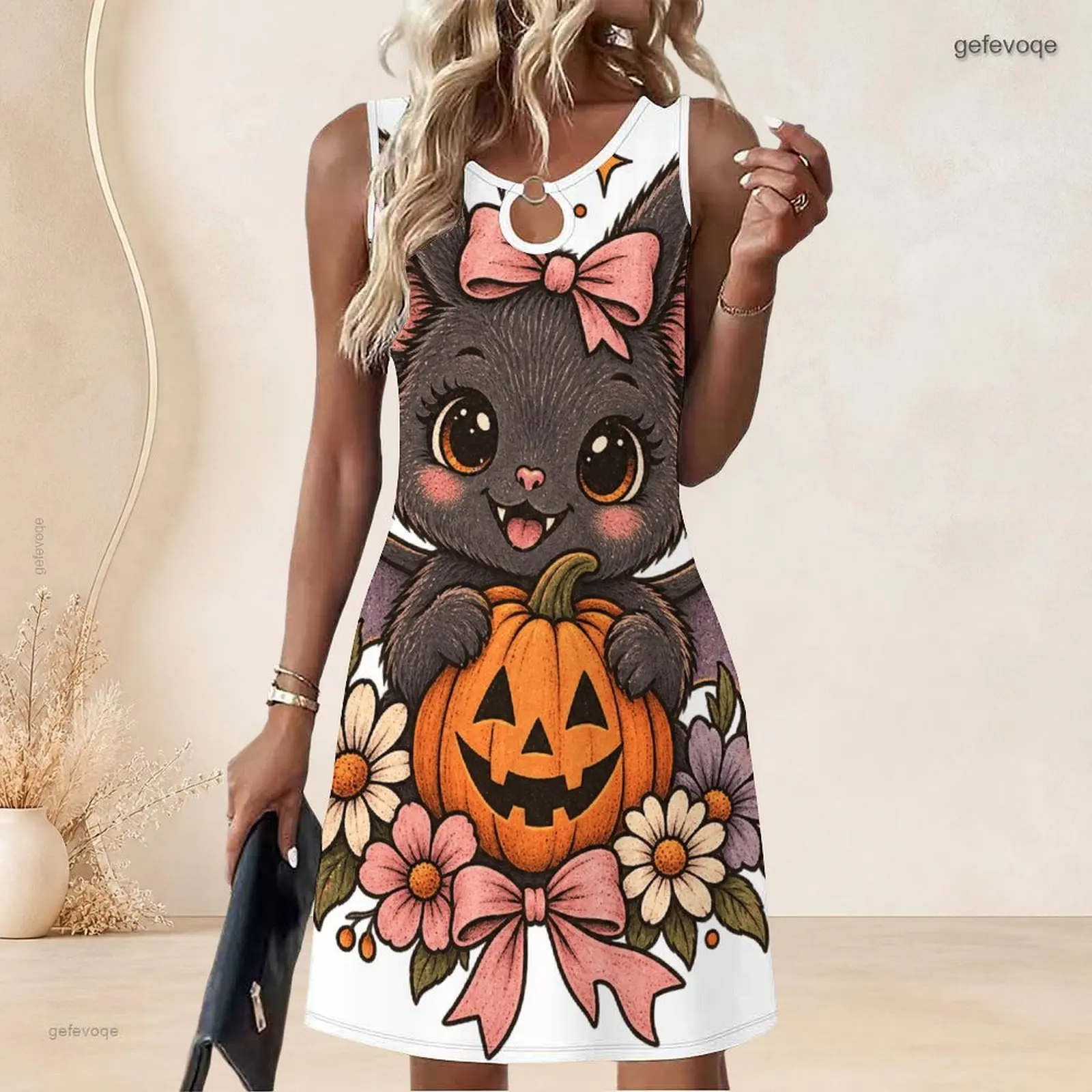 Women Sleeveless A Line Mini Dress O Ring Keyhole Neckline Loose Swing Short Dress Custom Print Ladies Casual Daily Dress