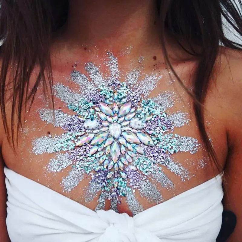 3D Shiny Crystal Girl Temporary Tattoo Sticker Chest Acrylic Rhinestone Chest Sticker Diamond Strip Carnival Party Chest Ornamen