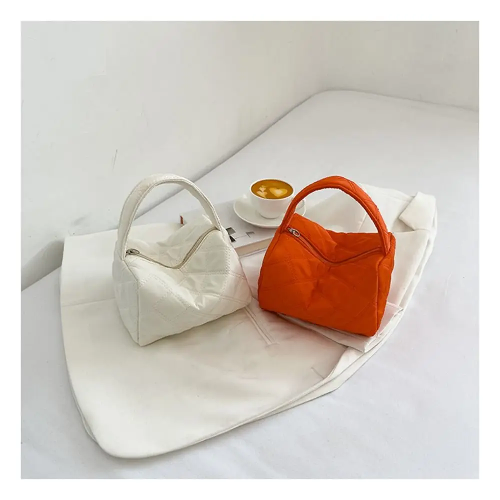 Fashion Polyester Nylon Quilted Tote Bag Black White Orange Green Lightweight Plaid Handbags Warm Down Cotton Padded Women